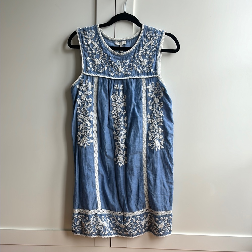 Joie Blue Dress with White Floral Embroidery